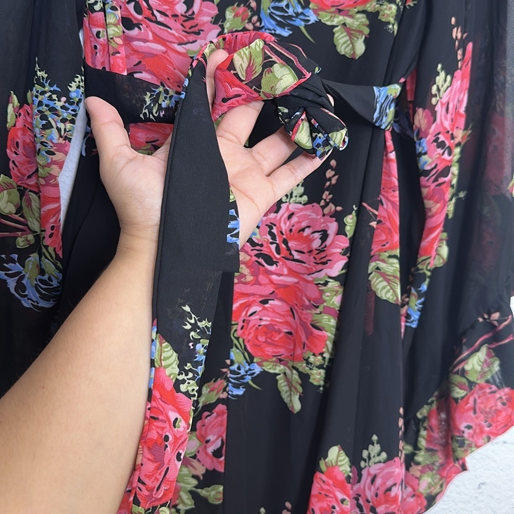 Betsey Johnson Bambi Black Floral Bell Sleeve Ruffle Mini Dress‎ Size 2 Festival - Picture 5 of 12